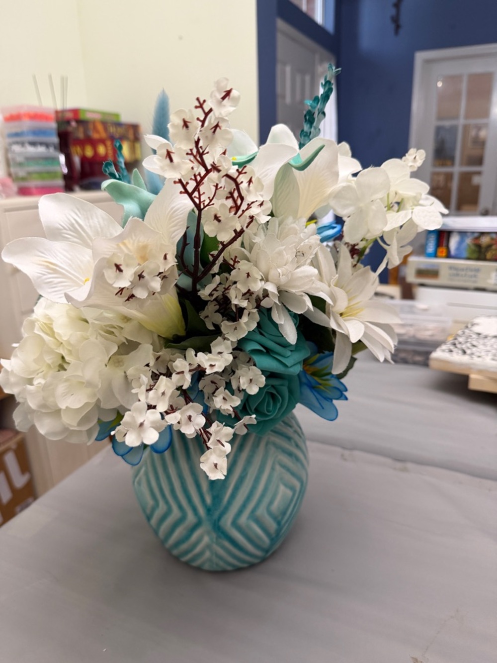 Turquoise & White Floral Arrangement in Decorative Vase - Home Accents - Picture 7 of 8